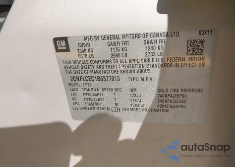 2011 Chevrolet Equinox Ls z USA, uszkodzony, nr VIN 2CNFLCEC1B6377013